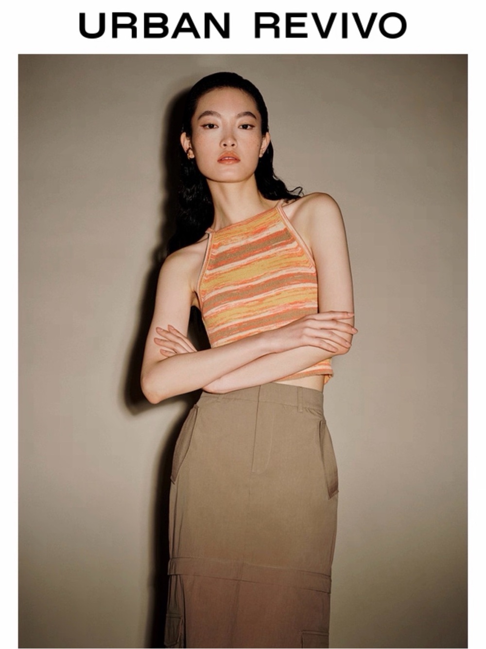 Urban Revivo Orange Striped Halter Tank Top